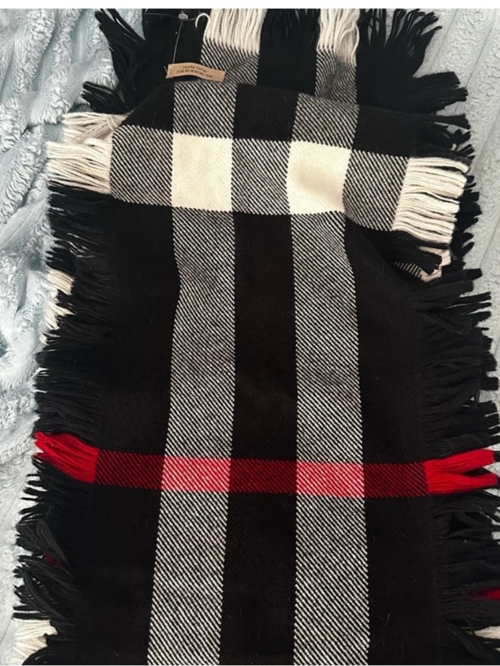 Burberry Black White and Red Plaid Fringe Scarf